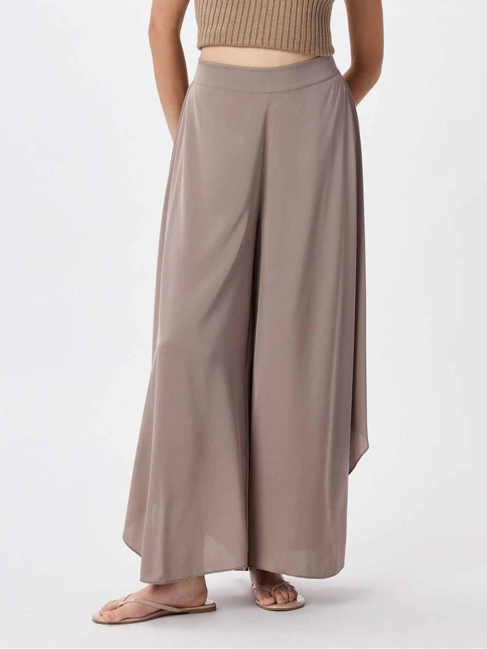 Quince Washable Stretch Silk Palazzo Pants Wide-Leg Flowy in Taupe-Grey